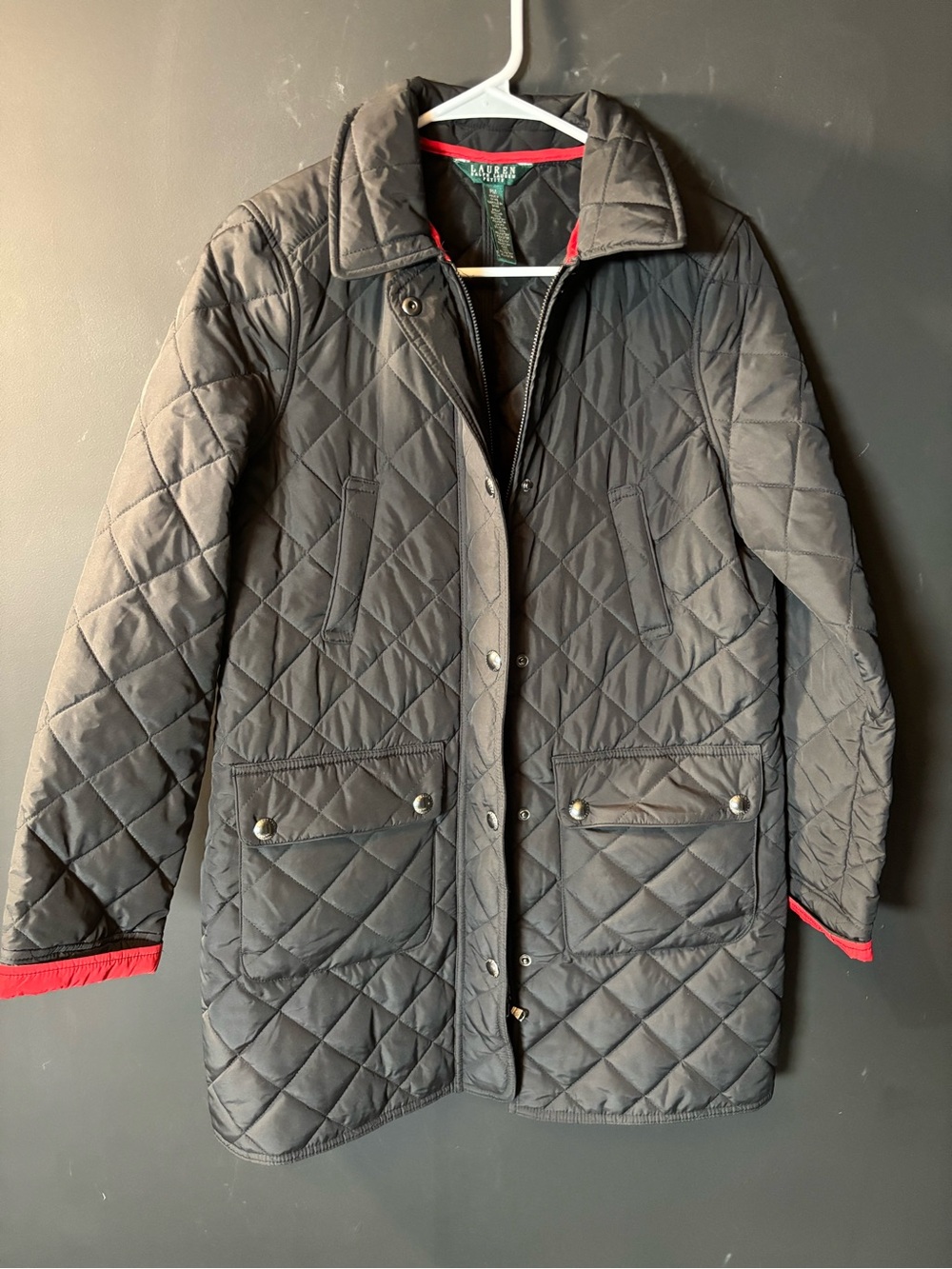 Lauren Ralph Lauren Black Quilted Utility Jacket with Red Trim-Petite Medium